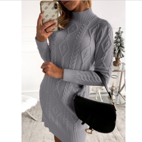 Gray High Neck Textured Bodycon Sweater Dress - Picture 2 of 13